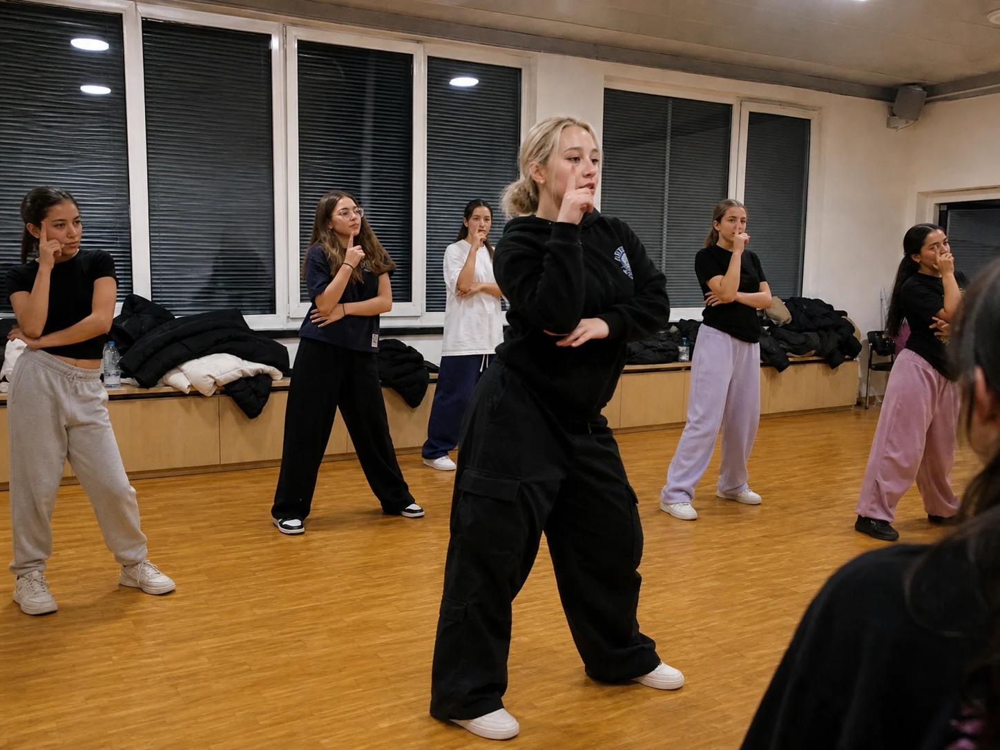 Rebecca travaille un passage chorégraphique K-pop avec un groupe d'ados