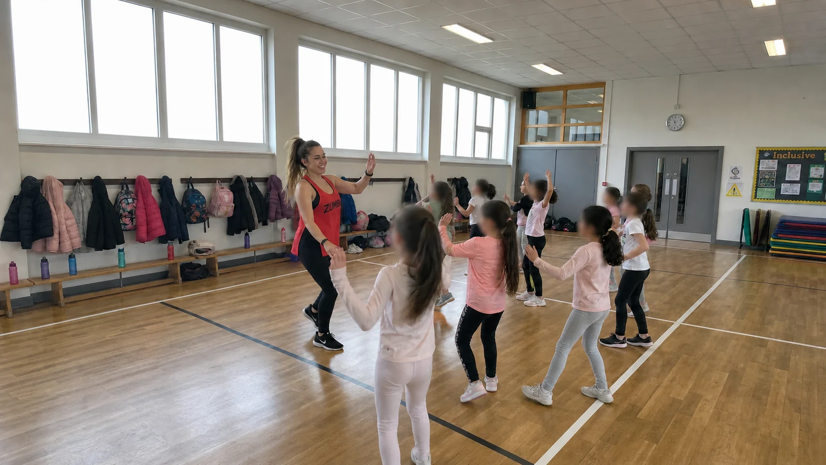 Amandine anime un cours de Zumba Kidz à Onex, avec les visages des enfants floutés