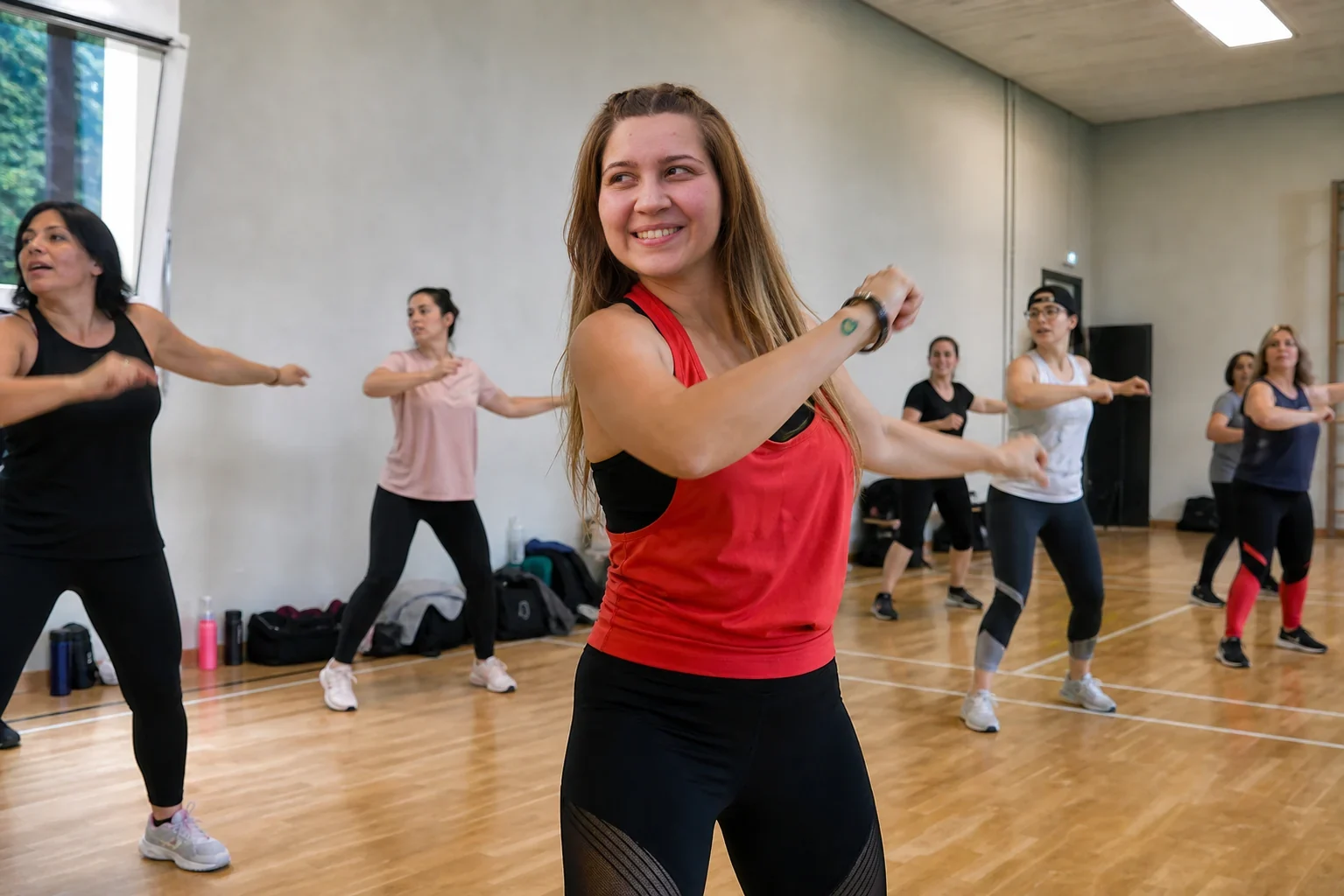 Amandine guide un cours de Zumba adultes en salle
