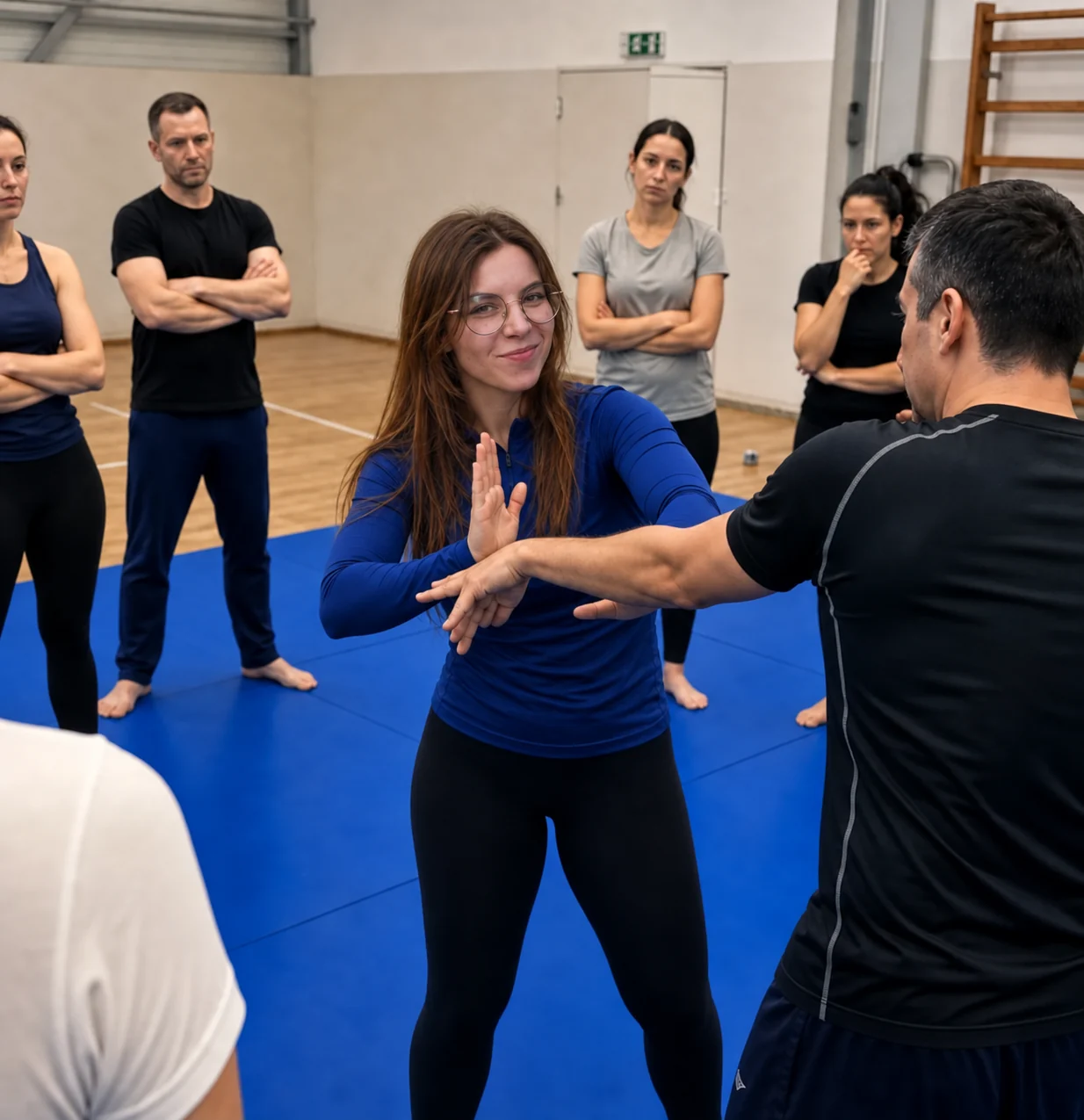 Kassandra démontre un geste de self-défense pendant un cours
