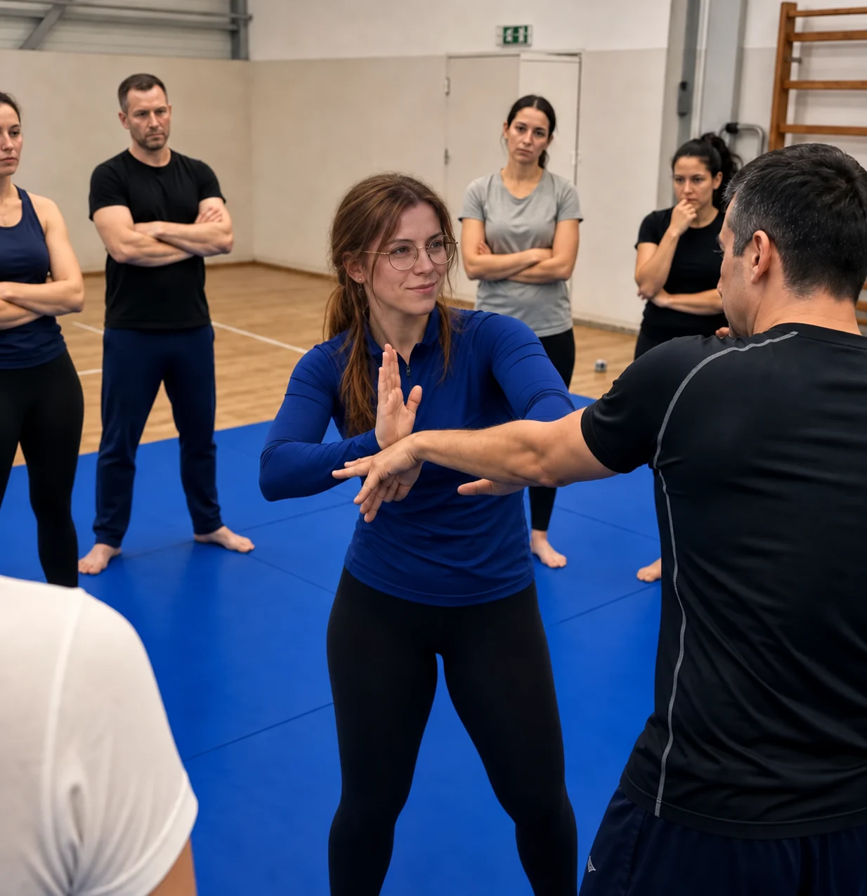 Kassandra démontre un geste de self-défense pendant un cours