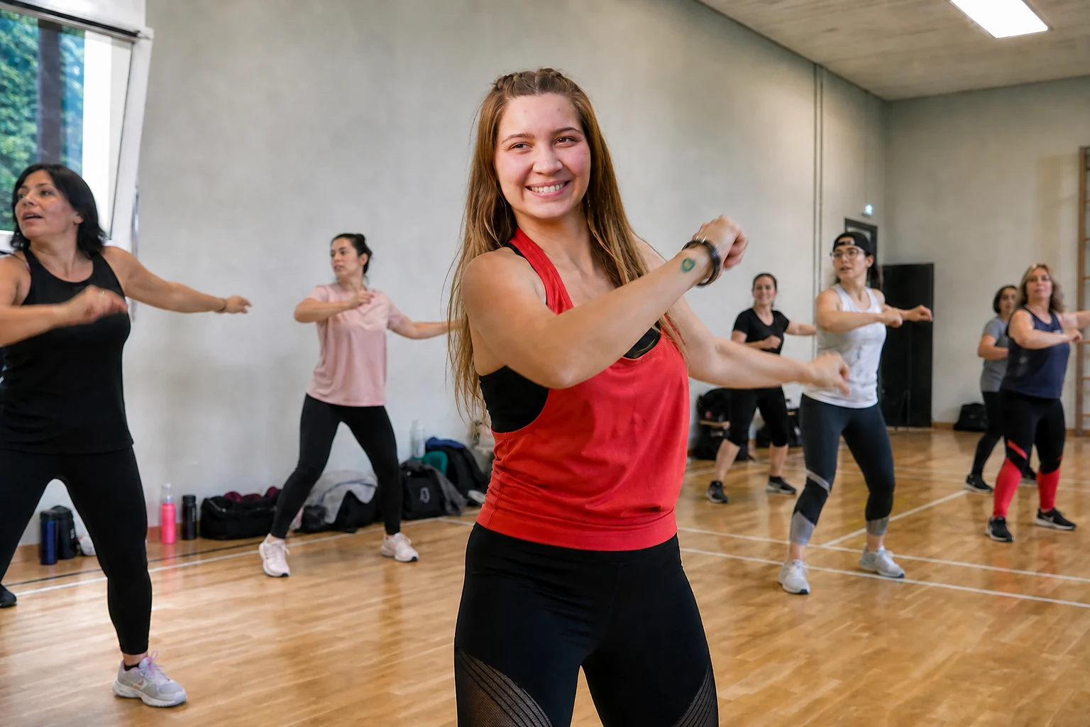 Amandine guide un cours de Zumba adultes en salle
